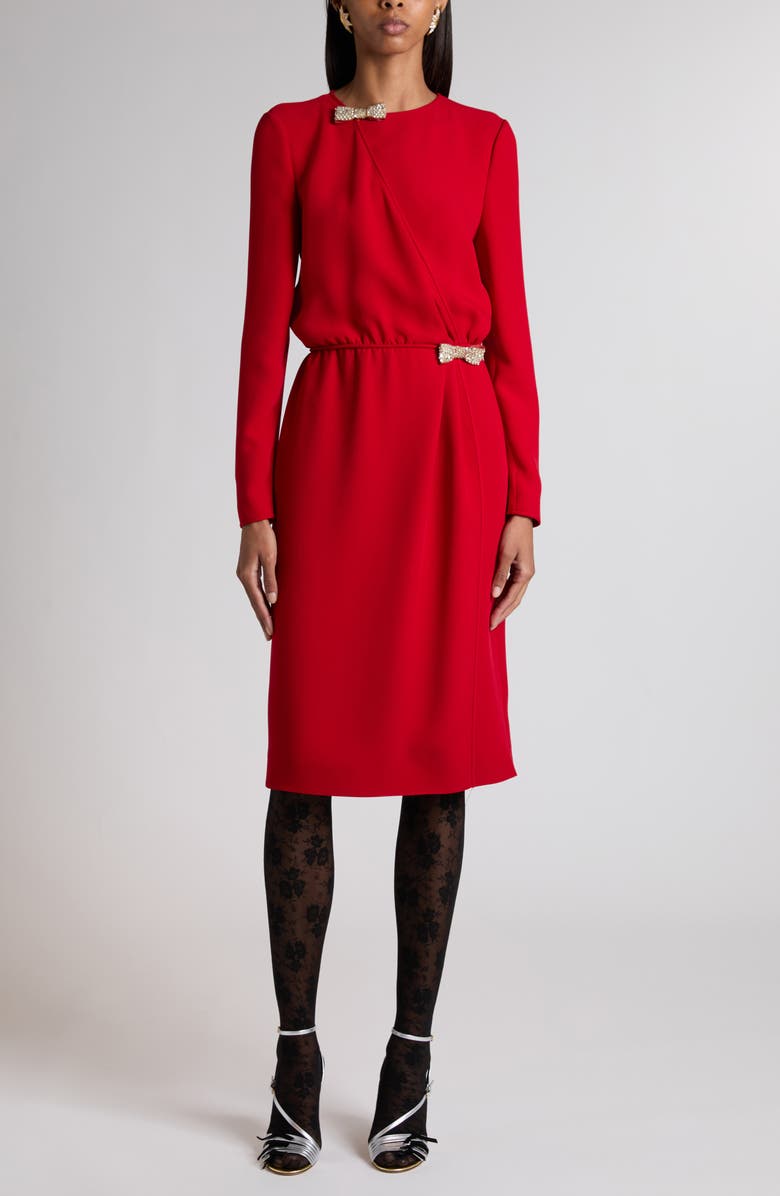 Valentino Crystal Bow Detail Long Sleeve Silk Cady Couture Dress, Main, color, Red