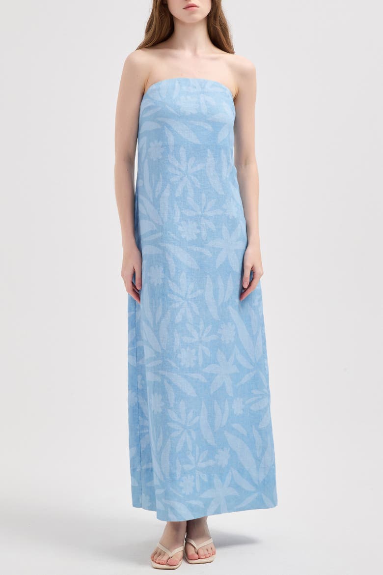 Rhea Strapless Midi Linen Dress, Main, color, Blue Agave