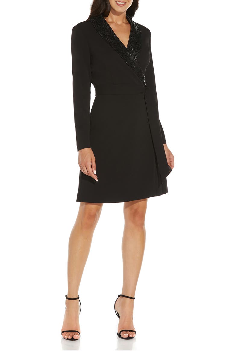 Long Sleeve Crepe Tuxedo Dress, Main, color, BLACK