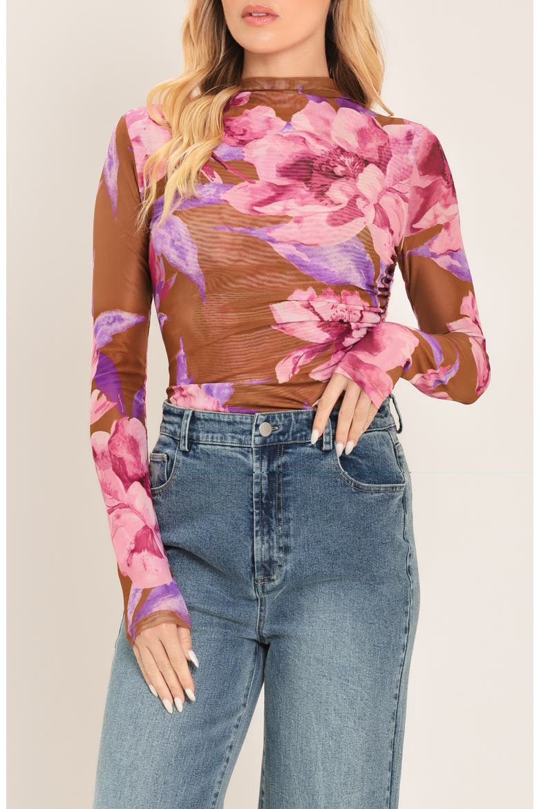 Mesh Mock Neck Top, Main, color, BROWN PINK MULTI