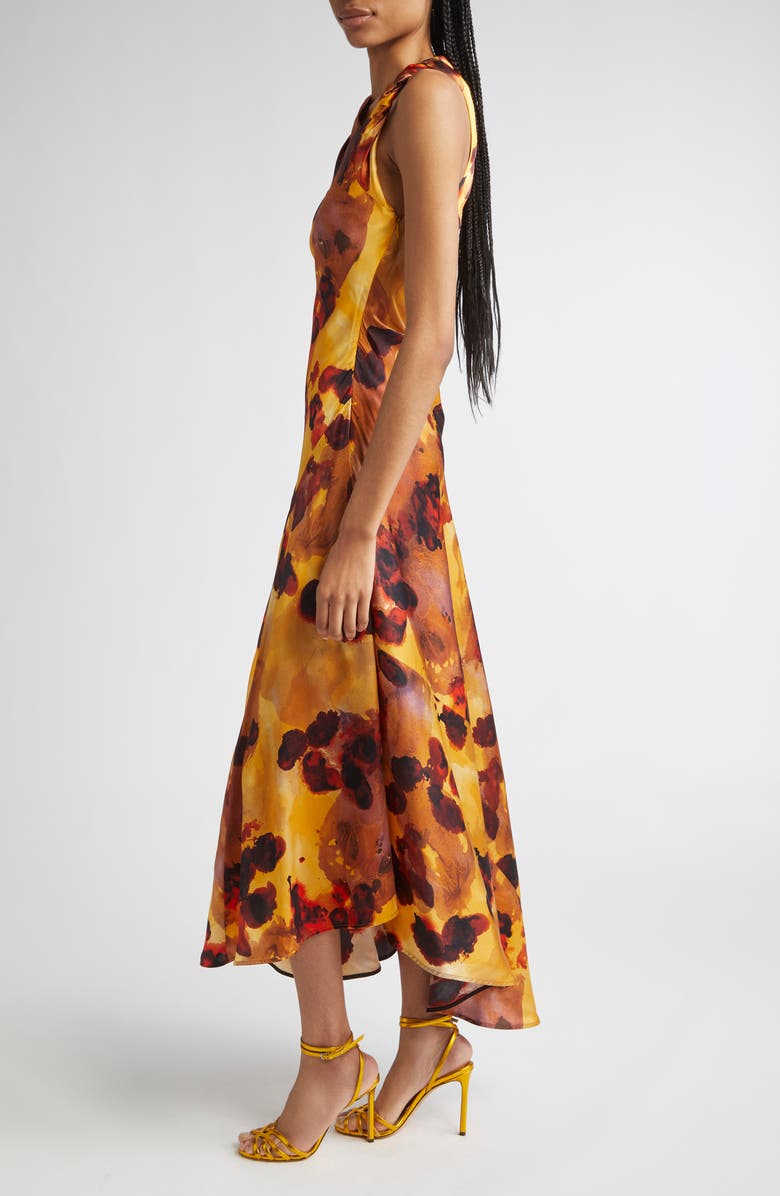 Victoria Beckham Abstract Floral Asymmetric Silk Midi Dress, Alternate, color, Amber