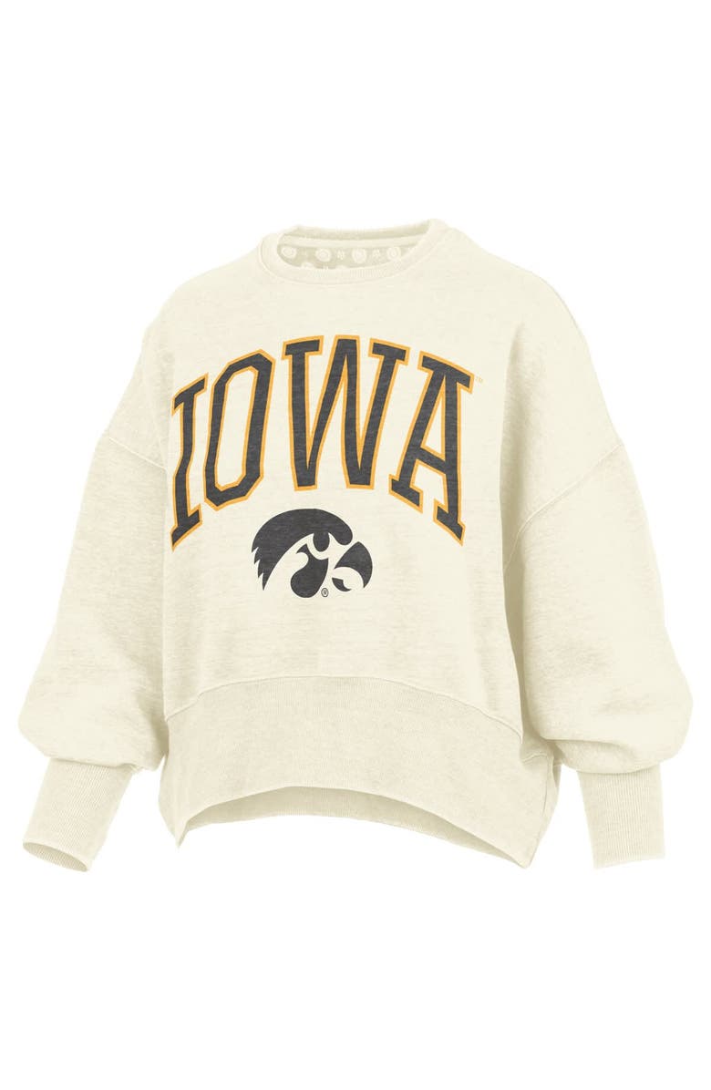 PRESSBOX Women's Pressbox Natural Iowa Hawkeyes Oversized Waist-Length Crewneck Sweatshirt, Alternate, color,