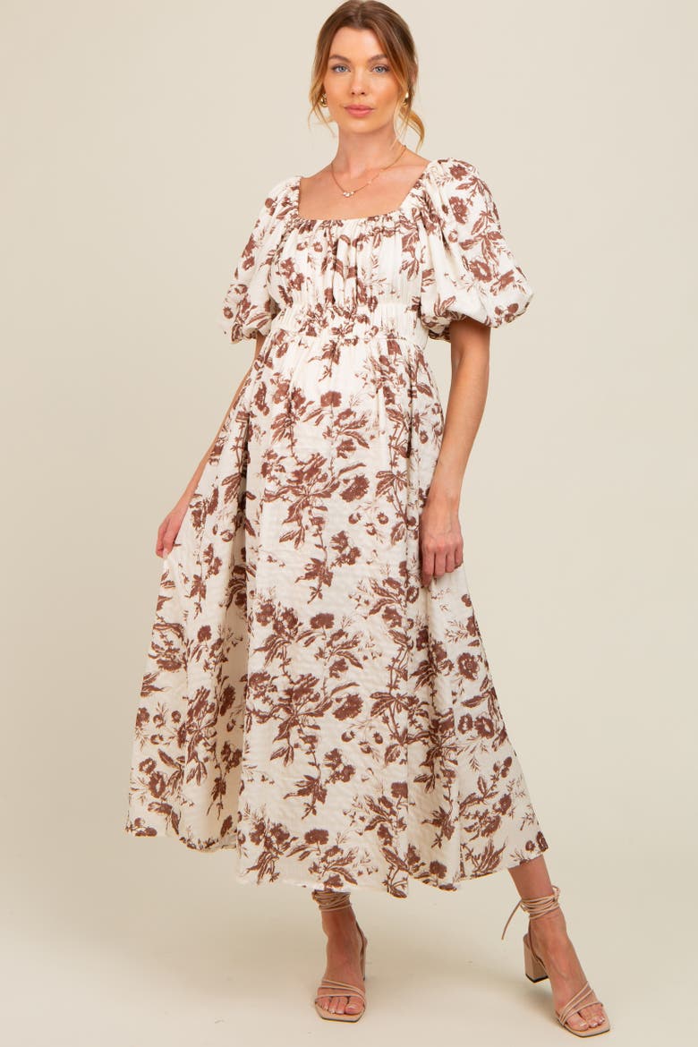 Floral Puff Sleeve Midi Dress, Alternate, color, Brown