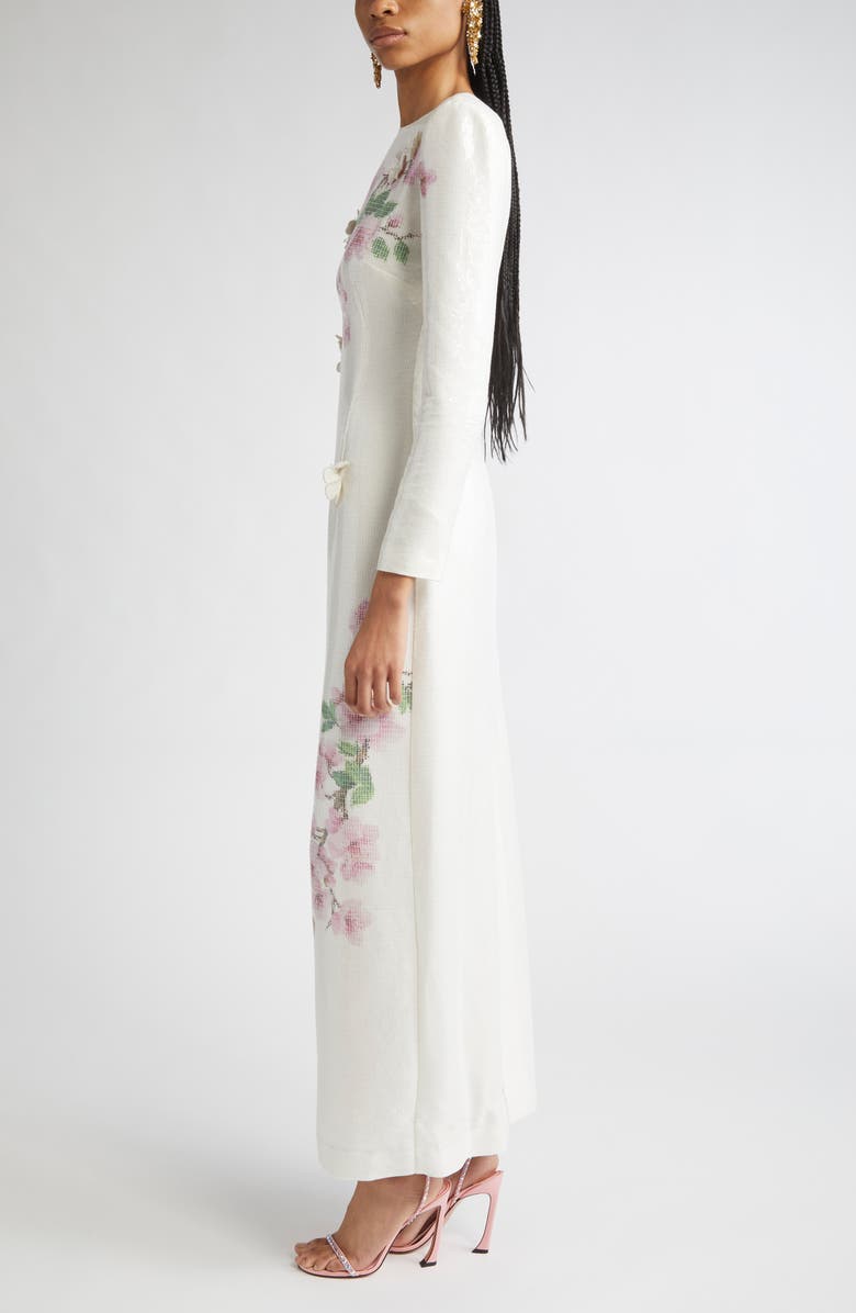 Oscar de la Renta Cherry Blossom Long Sleeve Sequin Jersey Column Gown, Alternate, color, Pink/ Ivory