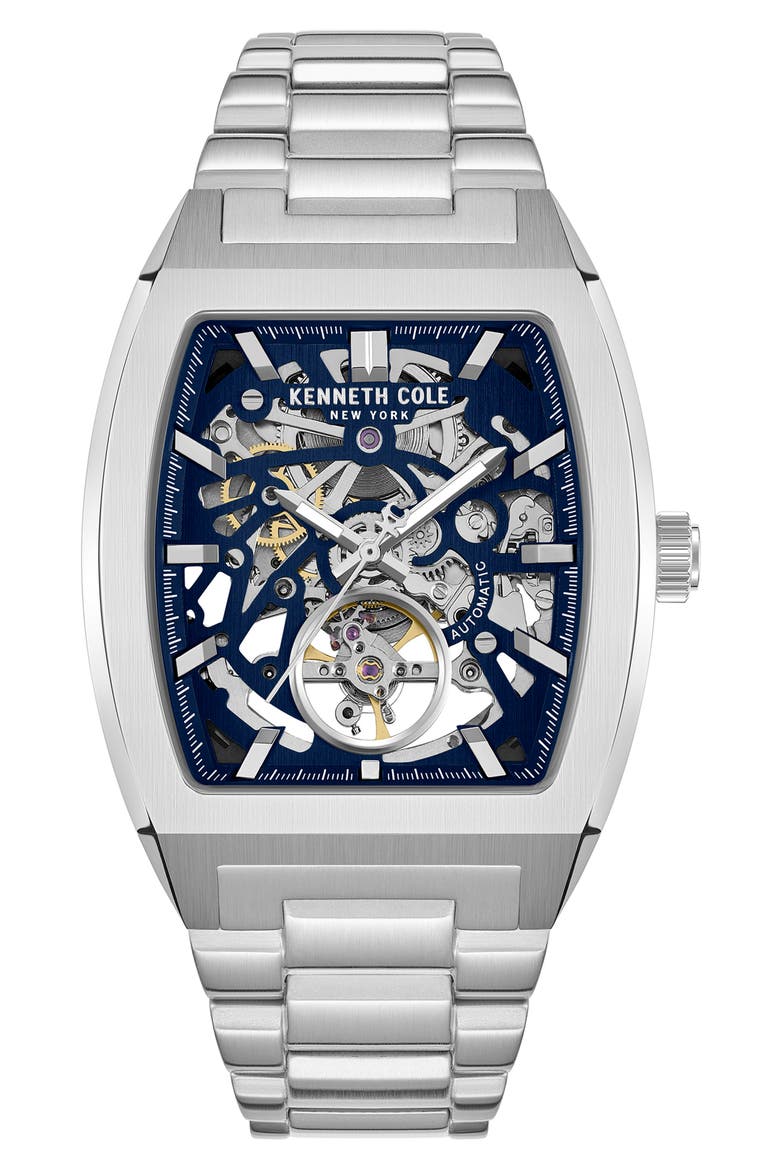 The Hollis Tonneau Skeleton Automatic Bracelet Watch, 40mm x 52.5mm, Main, color, SILVER