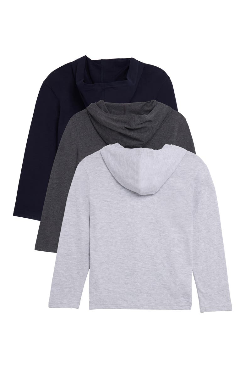 Kids' 3-Pack Hooded Long Sleeve Cotton T-Shirts, Alternate, color, NAVY/ GREY/ LIGHT GREY