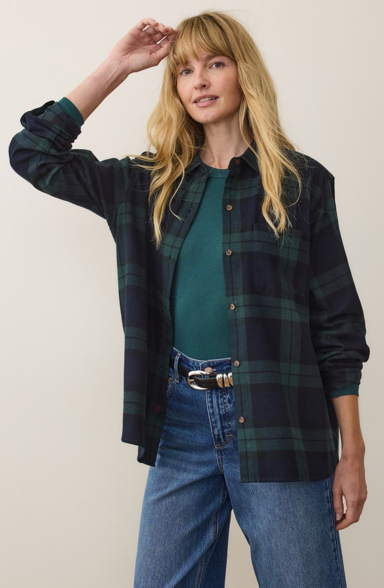 Marine Layer Jane Plaid Relaxed Fit Organic Cotton Plaid Button-Up Shirt, Alternate, color, Evergreen Plaid