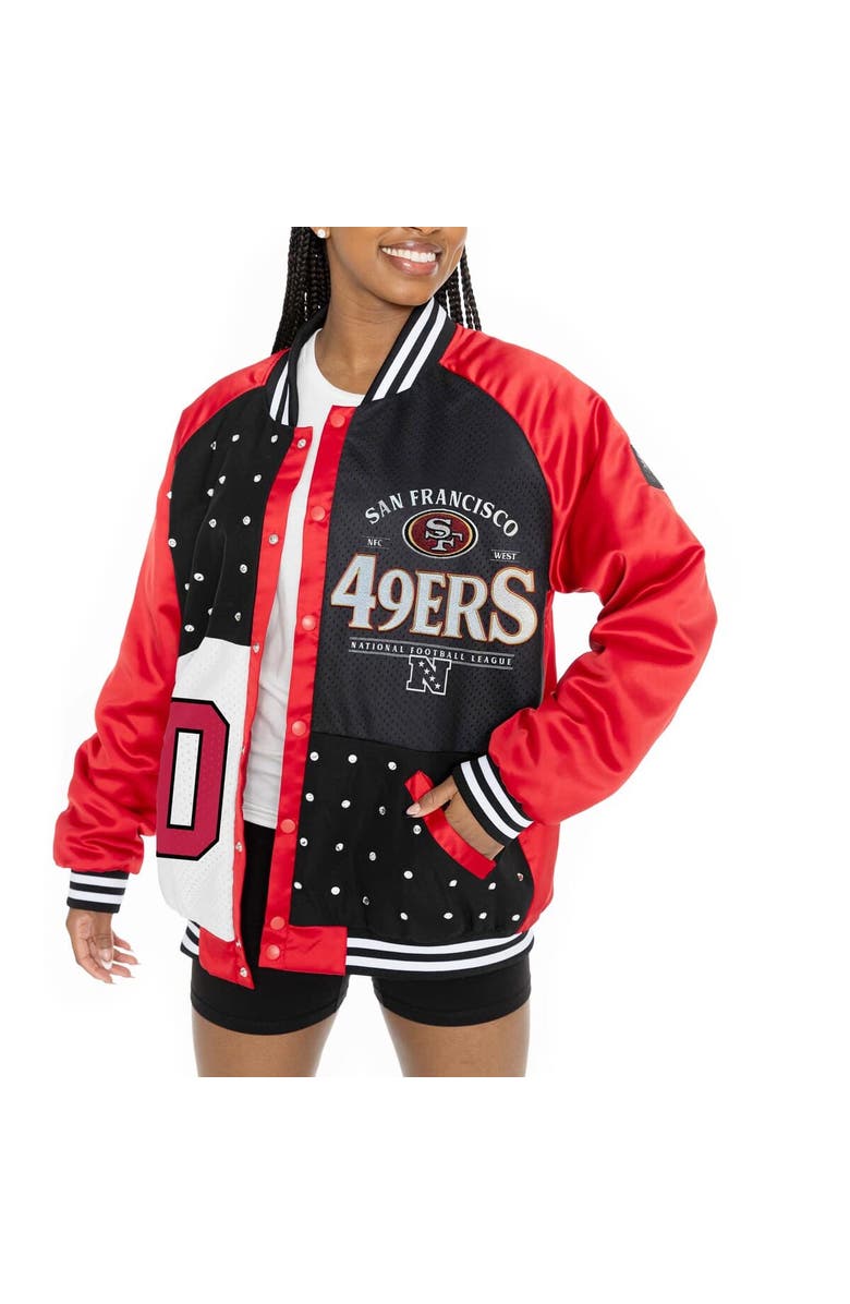 GAMEDAY COUTURE Women's Gameday Couture Scarlet/Black San Francisco 49ers Oversized Hot Shot Rhinestone Throwback Full-Snap Varsity Bomber Jacket, Alternate, color, Scarlet