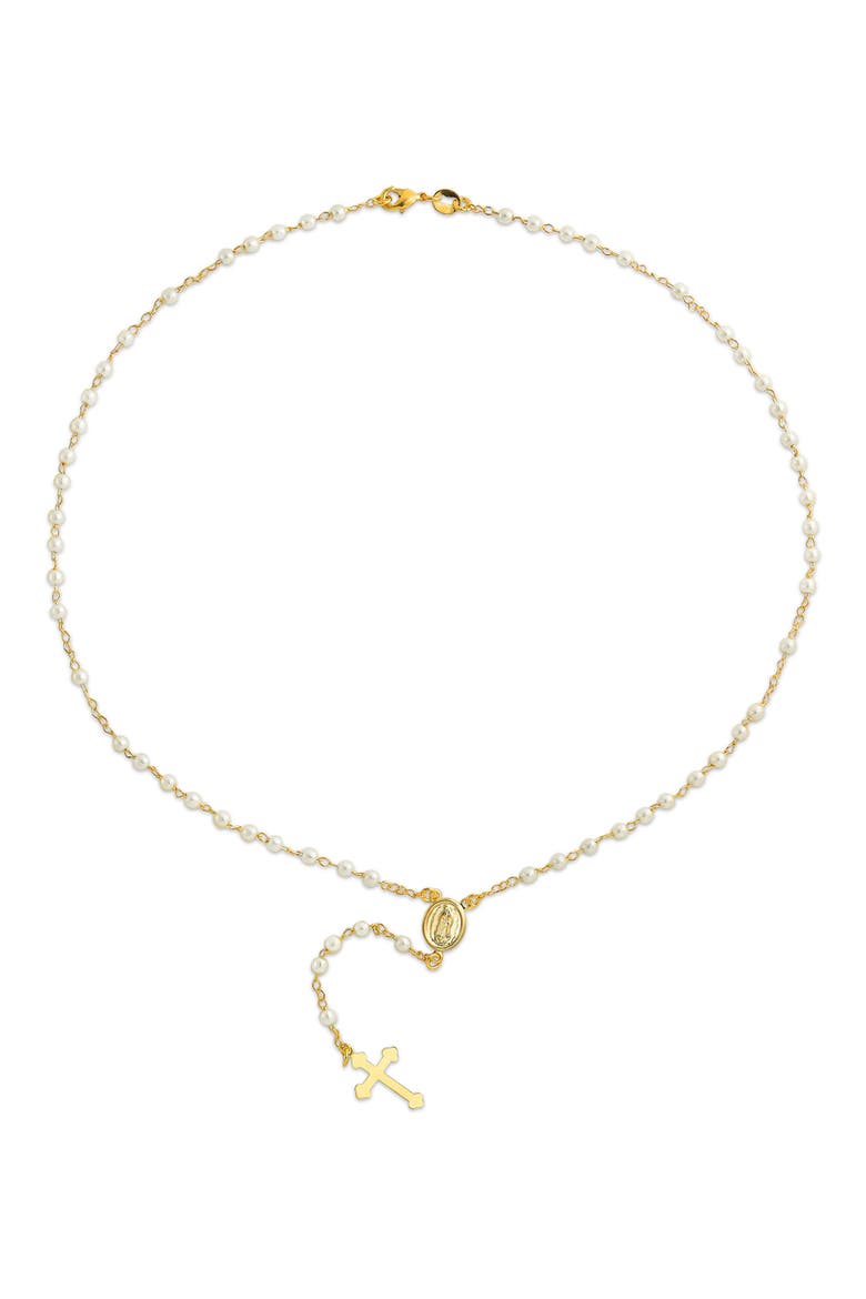 18K Gold Plated Simulated Pearl Rosary Y-Drop Cross Necklace, Alternate, color, YELLOW
