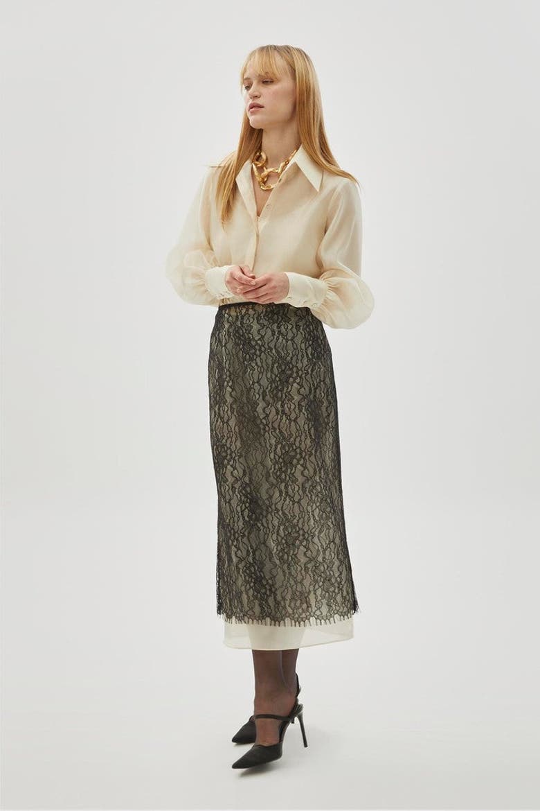 Tulle Lace Midi Skirt, Main, color, BLACK