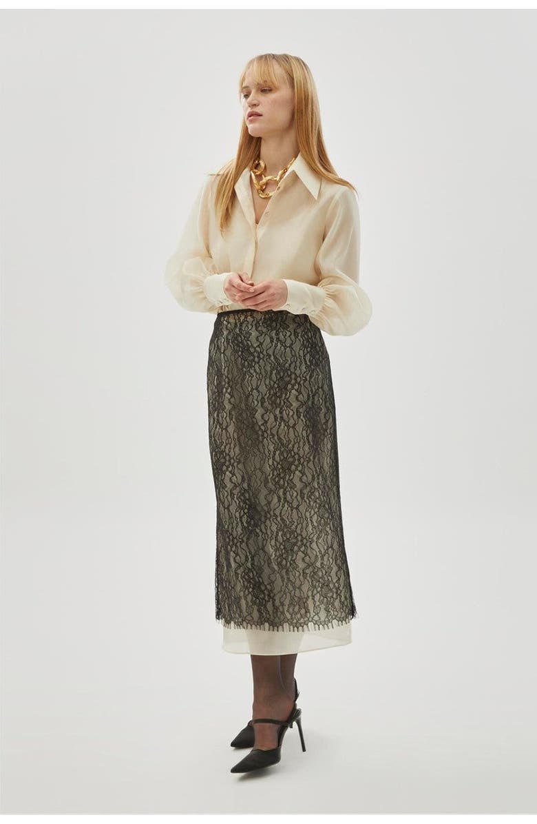 Exquise Tulle Lace Midi Skirt, Main, color, Black