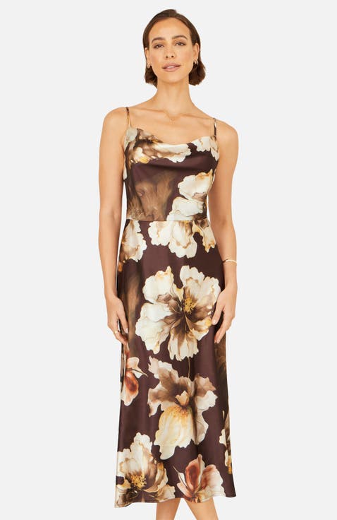 Cowl Neck Satin Floral Dress