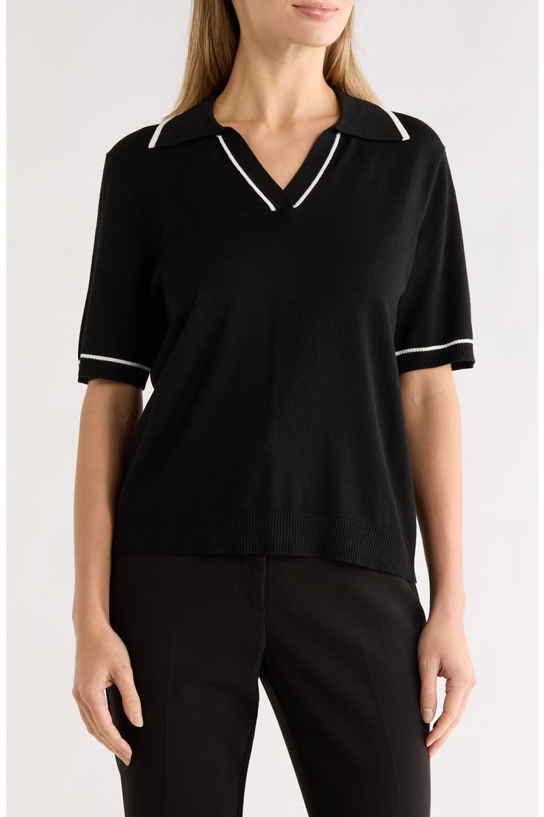 Tipped Johnny Collar Polo Sweater, Main, color, BLACK
