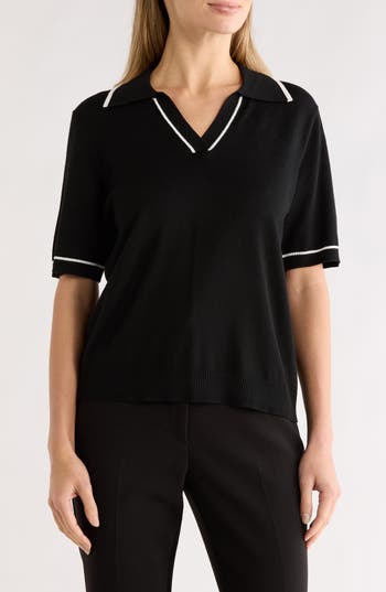 Gemma + Jane Tipped Johnny Collar Polo Sweater in Black at Nordstrom Rack, Size Small