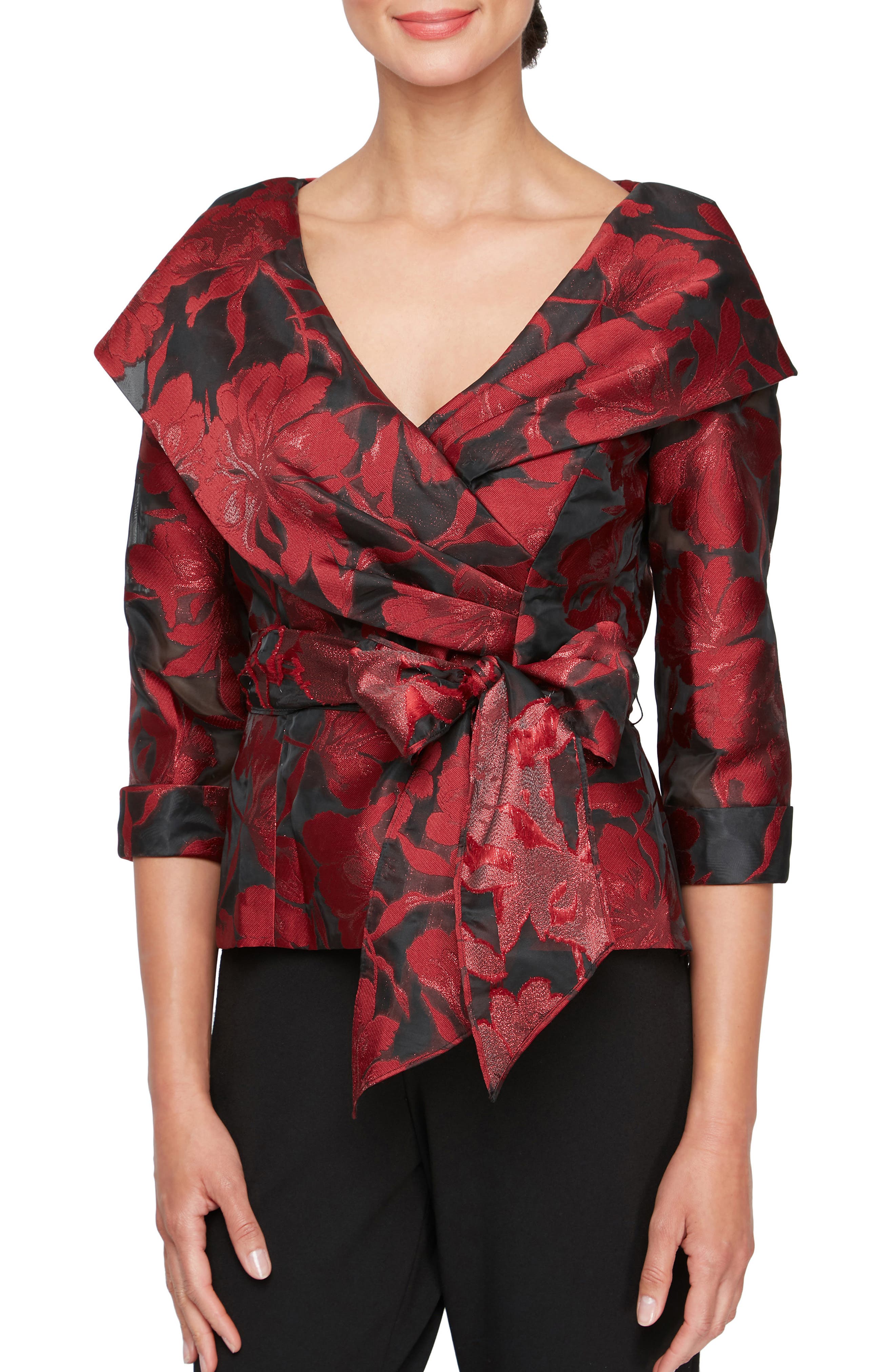 Alex Evenings Metallic Floral Burnout Organza Wrap Top in Black/Red 