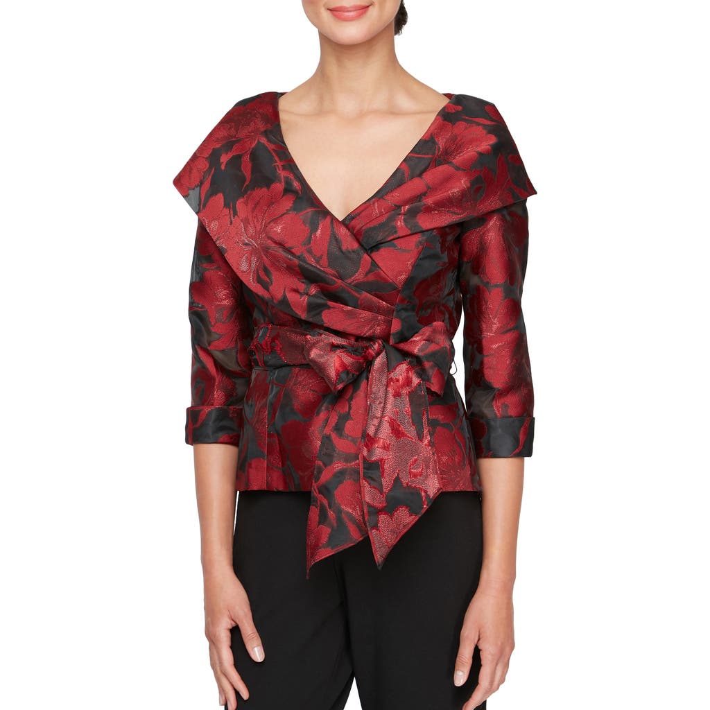 Alex Evenings Metallic Floral Burnout Organza Wrap Top in Black/Red