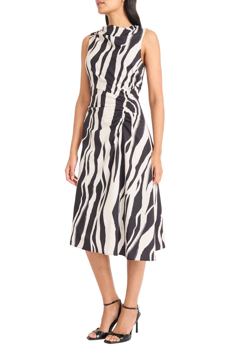 Maggy London Print Sleeveless Asymmetric Ruched Midi Dress, Alternate, color, Black/ Cream