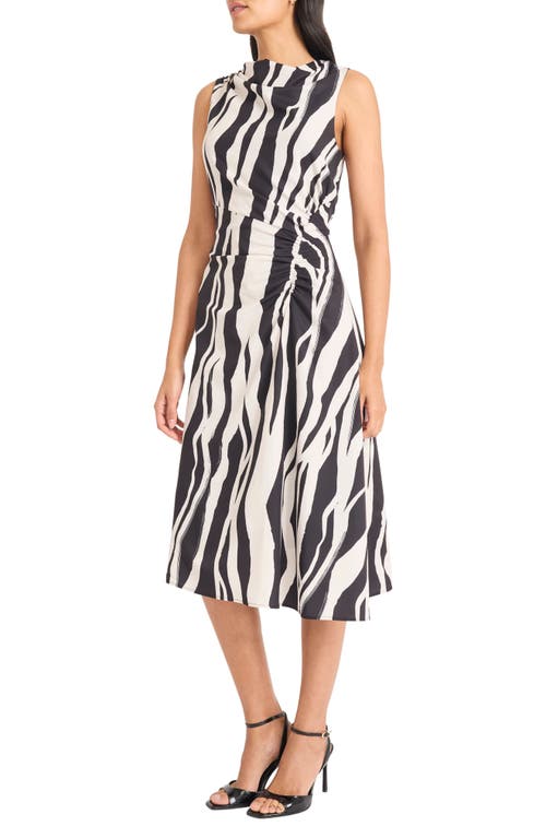 Maggy London Print Sleeveless Asymmetric Ruched Midi Dress In Multi
