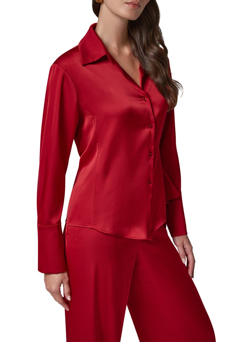 Satin Button Front Shirt, Alternate, color, RED VELVET