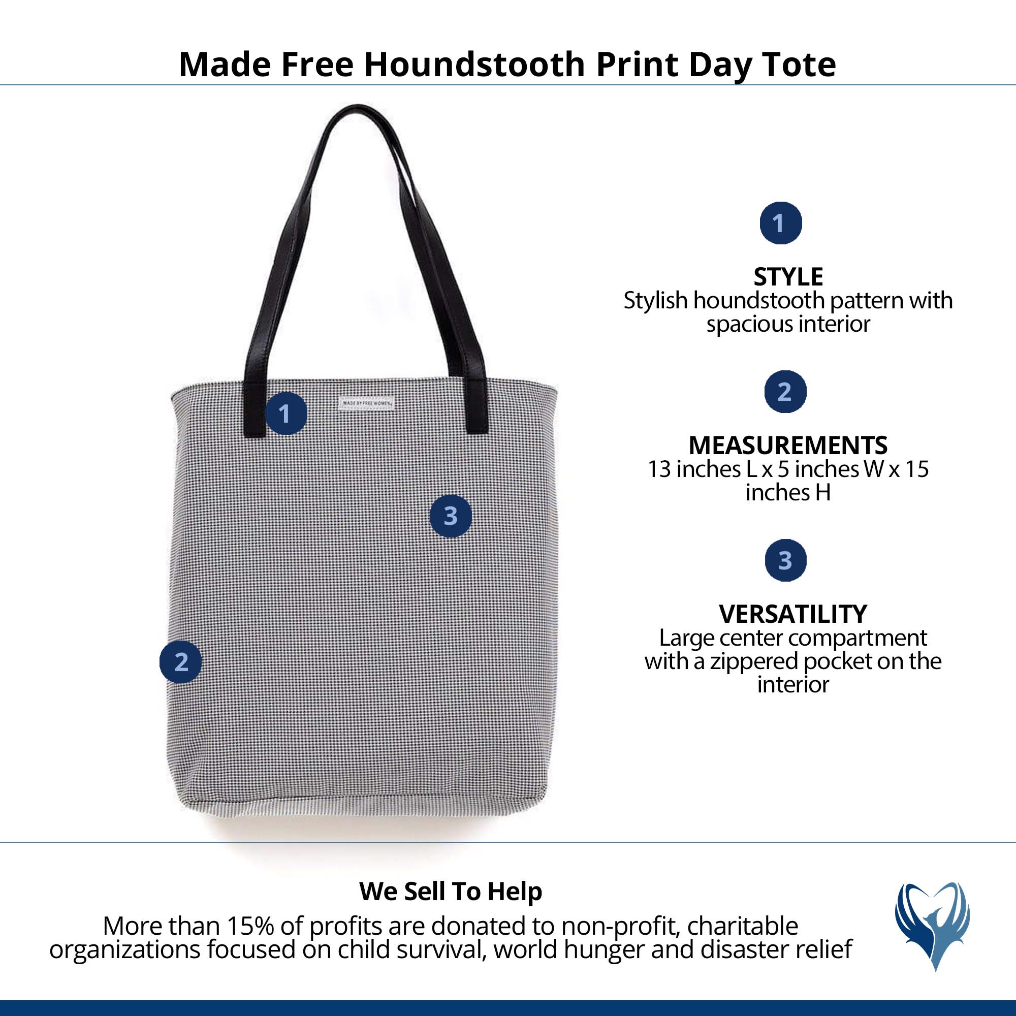 Made Free Houndstooth Print Day Tote, Alternate, color, Black