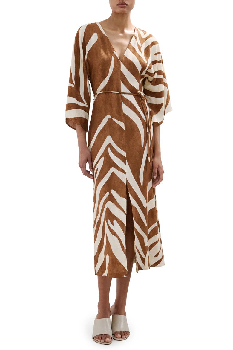 Print Tie Waist Midi Dress, Main, color, BROWN
