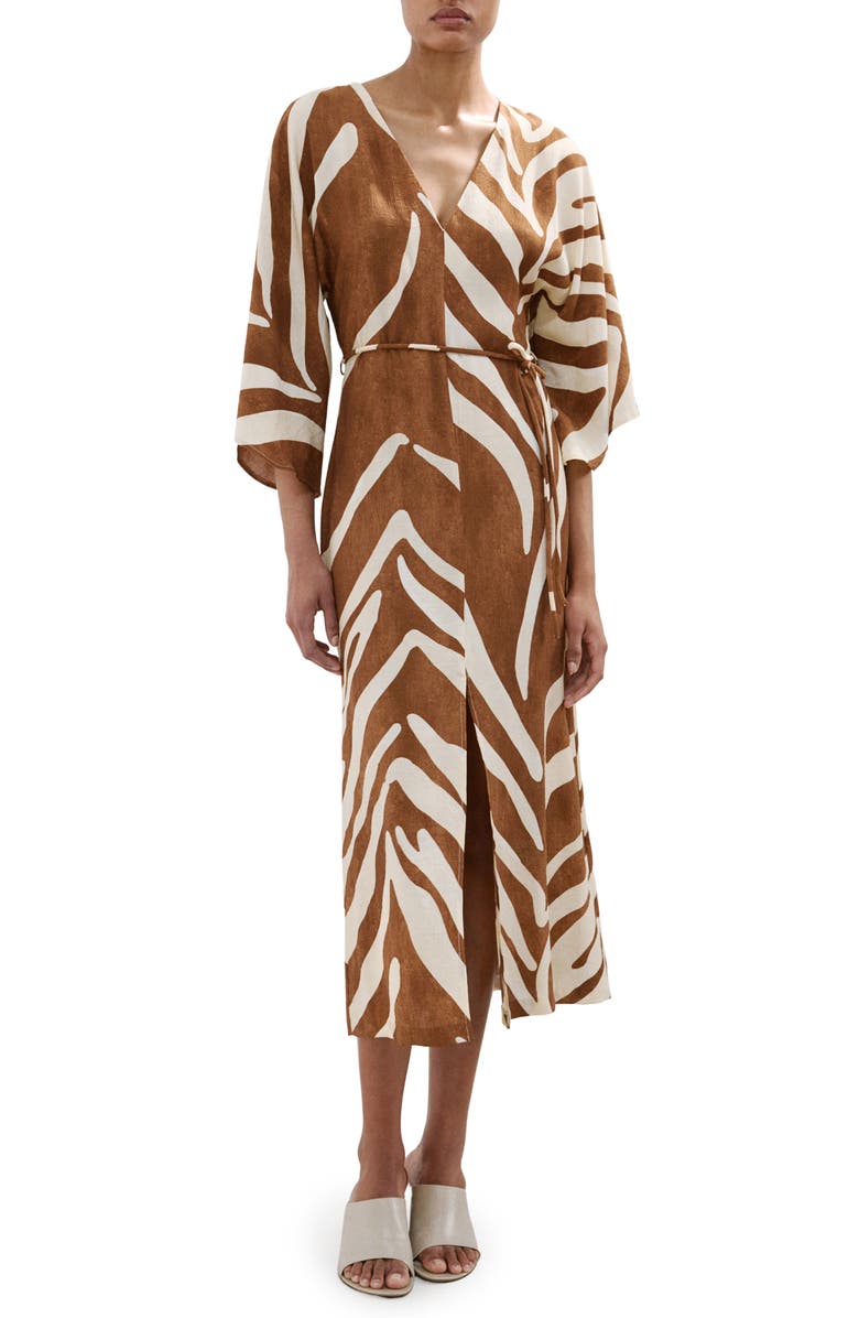 MANGO Print Tie Waist Midi Dress, Main, color, Brown