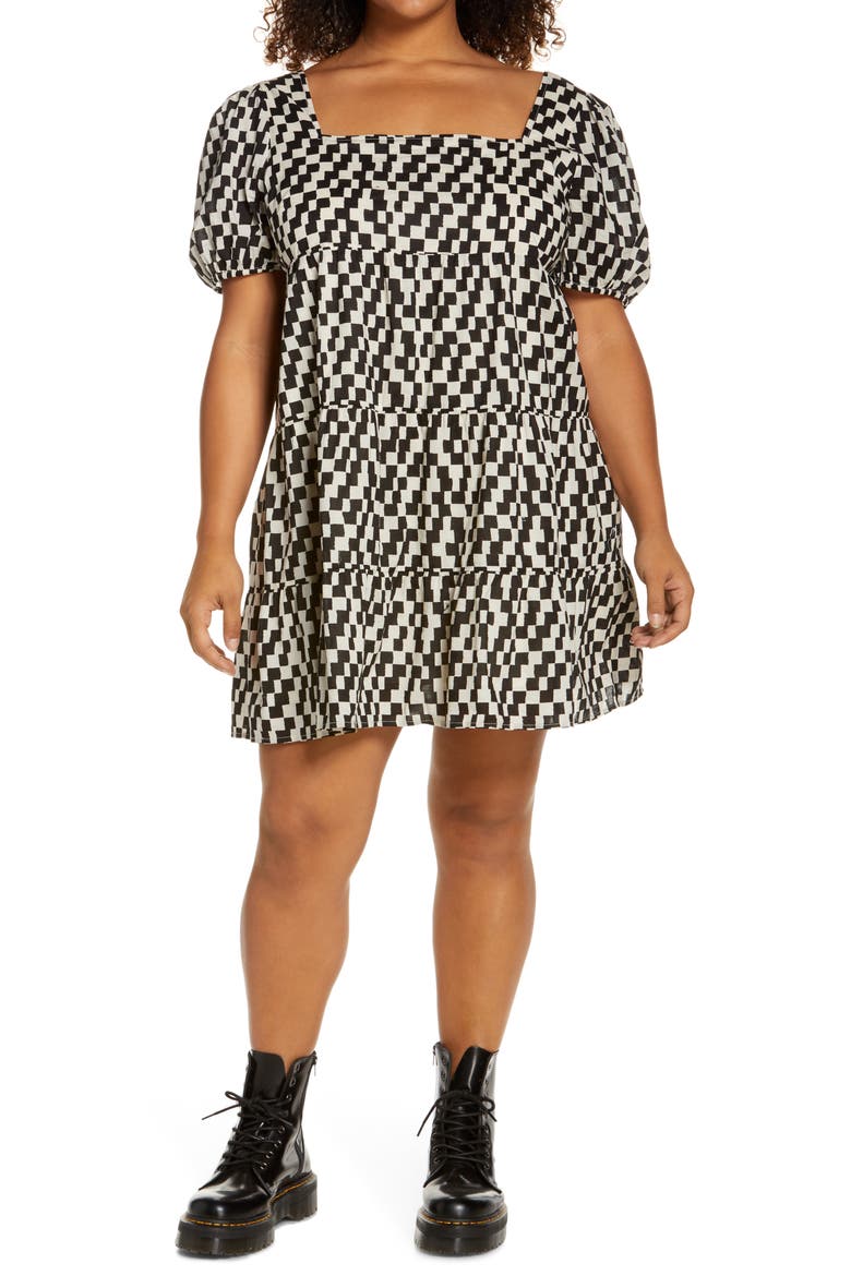 Print Square Neck Shift Dress, Main, color, IVORY- BLACK PHOEBE CHECK
