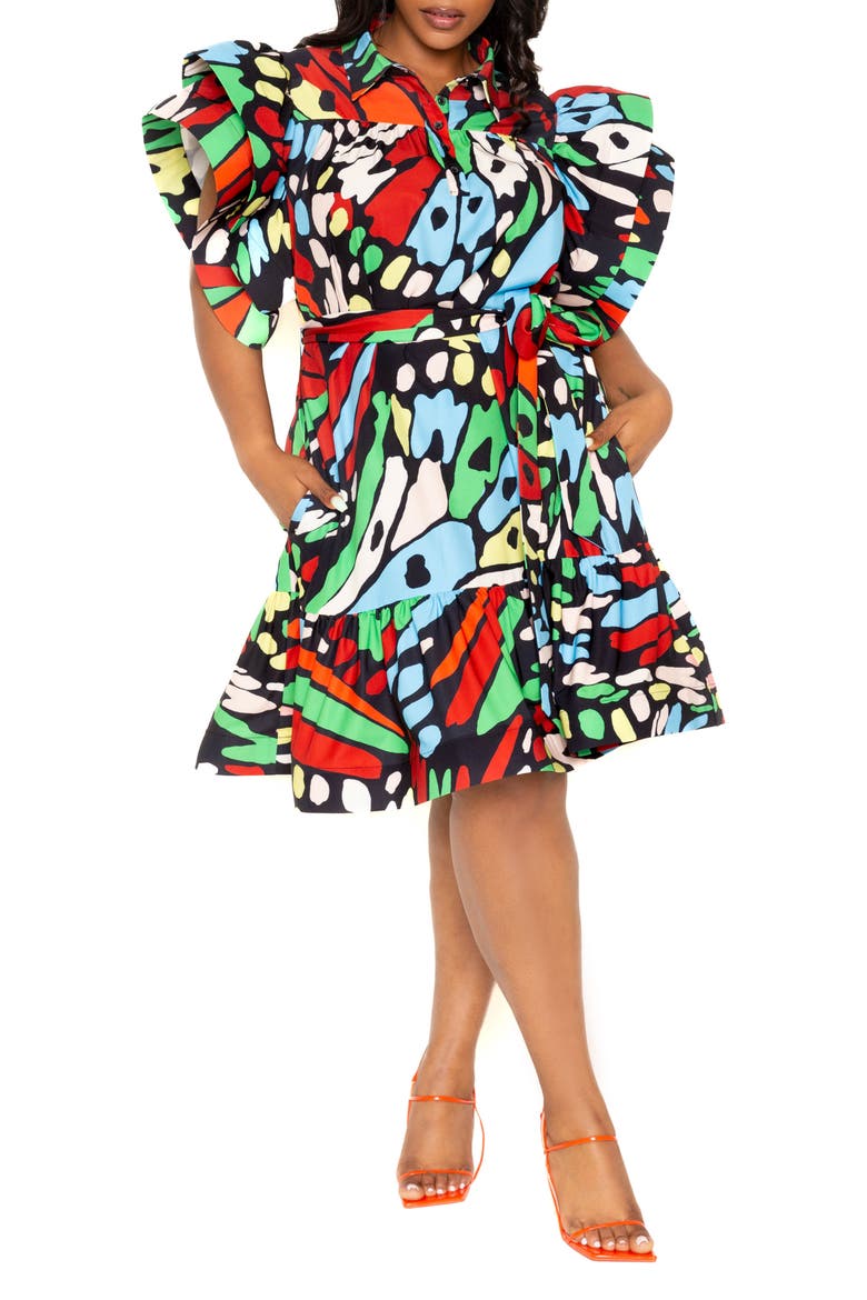 Butterfly Print Ruffle Tie Waist Dress, Main, color, BLUE MULTI
