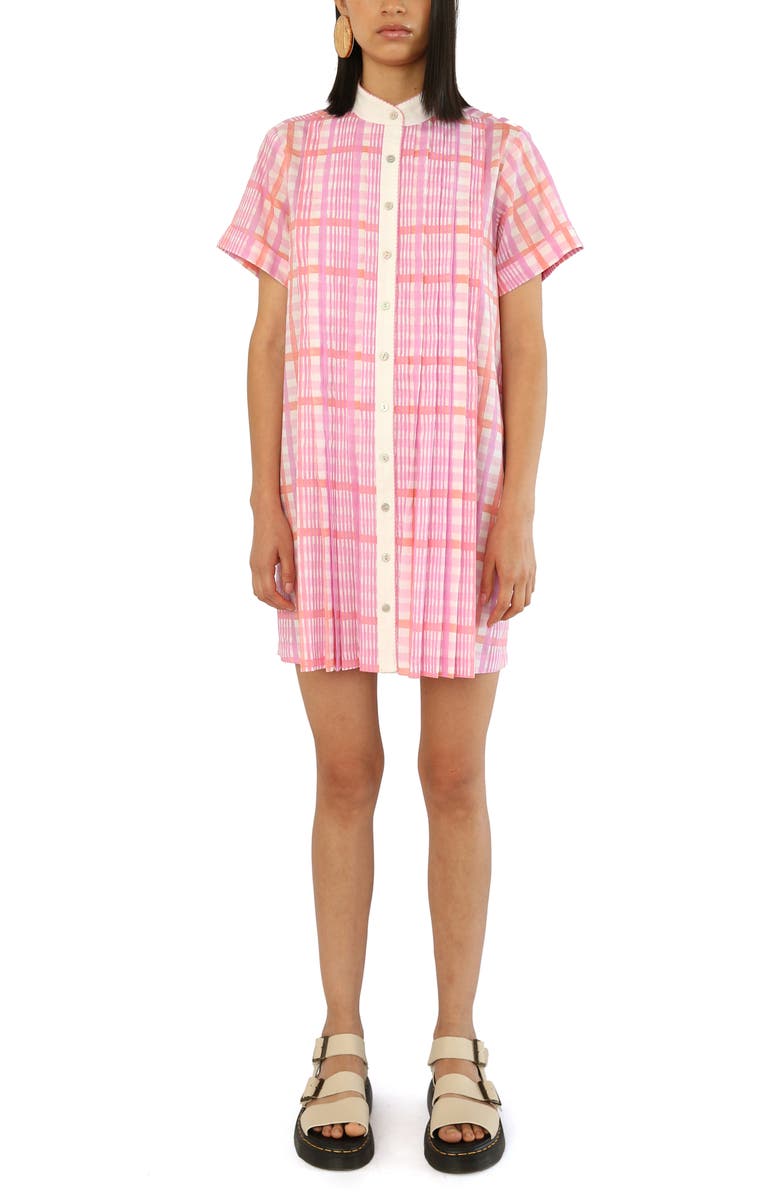 De Loreta Azulejo Short Sleeve Cotton Mini Shirtdress, Main, color, Loto Print