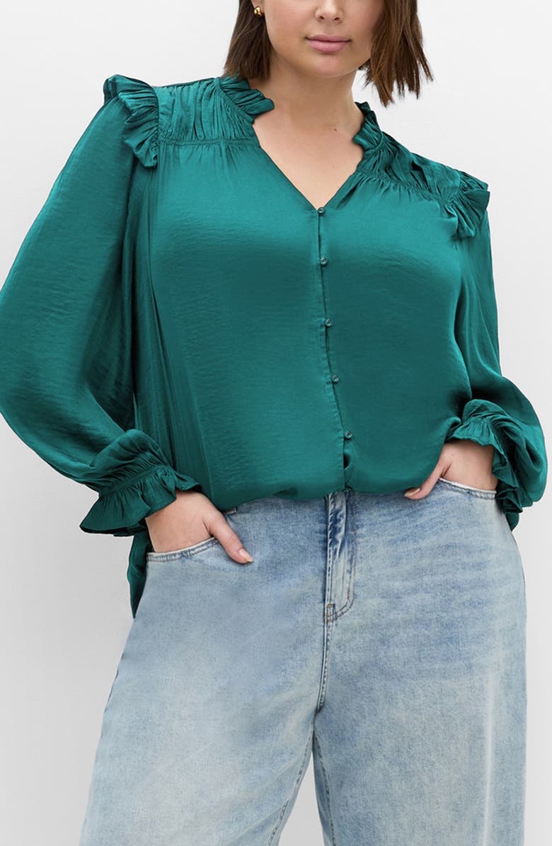 City Chic Jocelyn Ruffle Gathered Top, Main, color, Jade