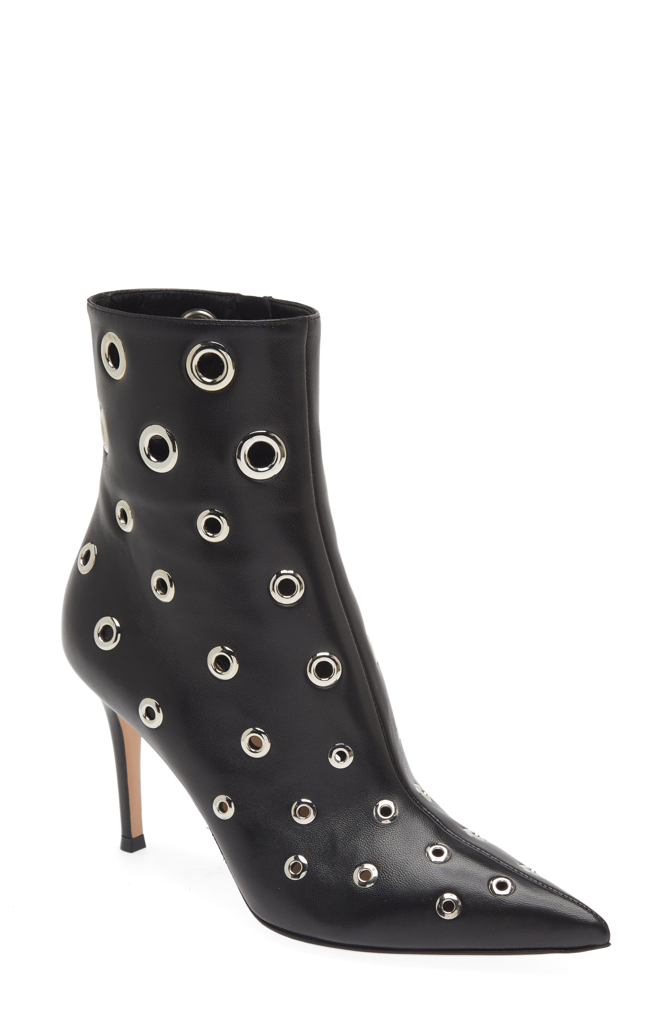 Pointed Toe Grommet Bootie, Main, color, BLACK