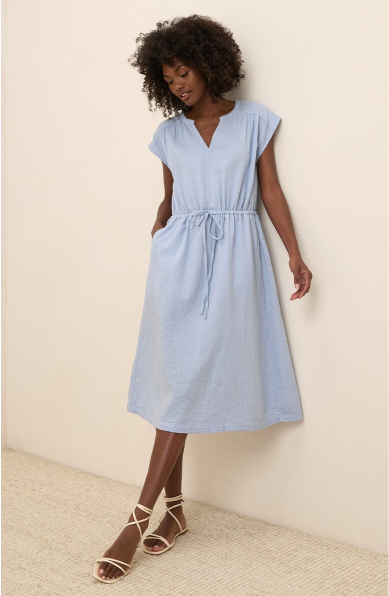 Pact Organic Cotton Coastal Double Gauze Tie Waist Midi Dress, Alternate, color, Cornflower Blue