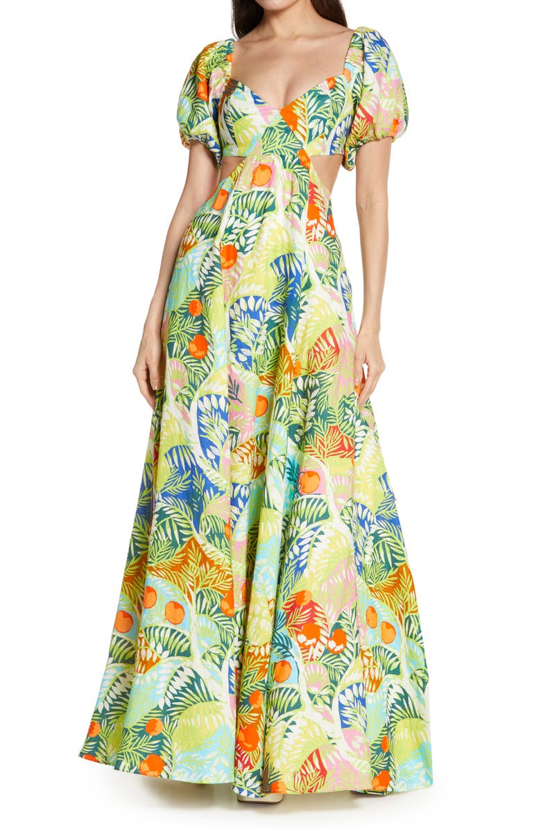 STAUD Coliseum Cutout Puff Sleeve Linen Maxi Dress, Main, color, 