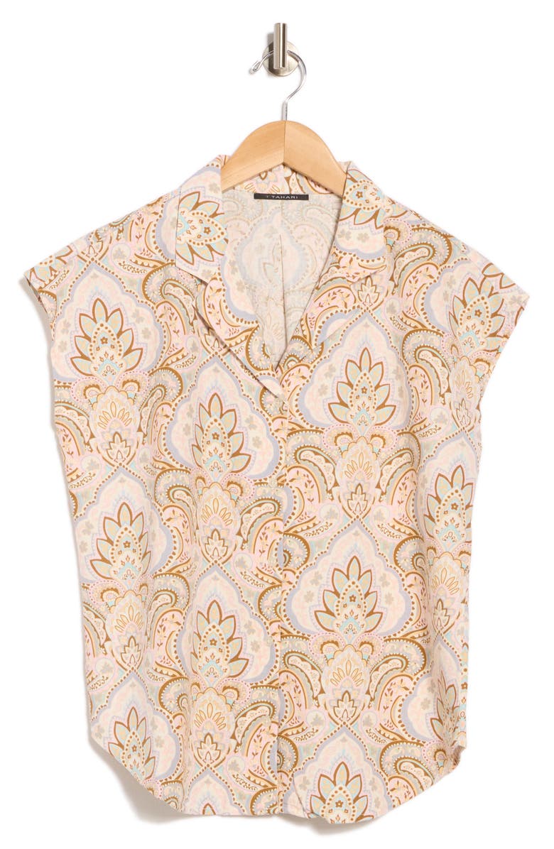 T Tahari Cap Sleeve Linen Blend Button-Up Shirt, Alternate, color, Paisley Natural Print