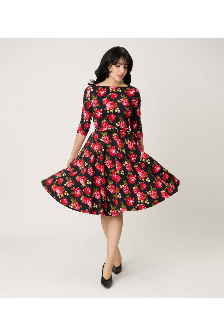 Three Quarter Sleeve Belted Devon Swing Dress, Main, color, Black & Red Roses