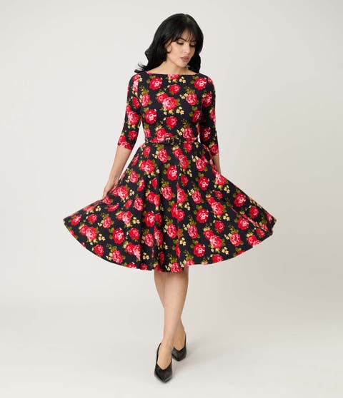 Three Quarter Sleeve Belted Devon Swing Dress