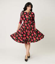 Unique Vintage Three Quarter Sleeve Belted Devon Swing Dress