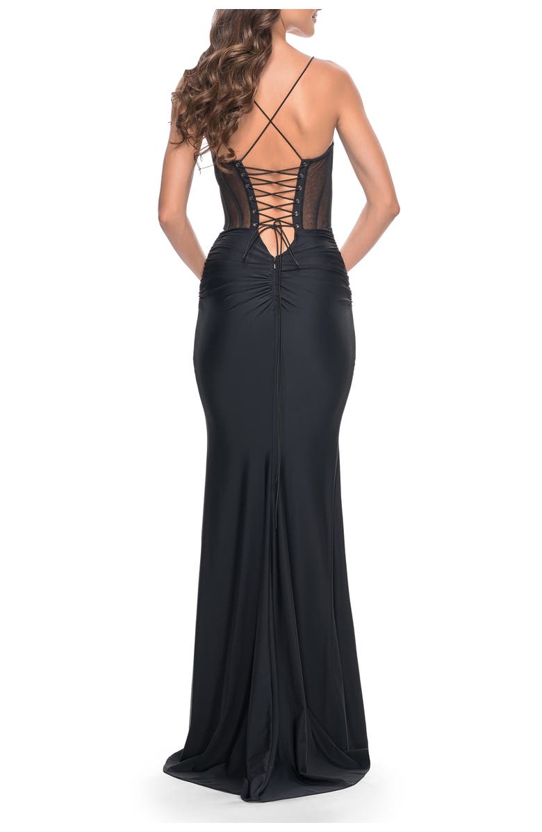 La Femme Jersey Dress with Illusion Waist and Bustier Top, Alternate, color, Black