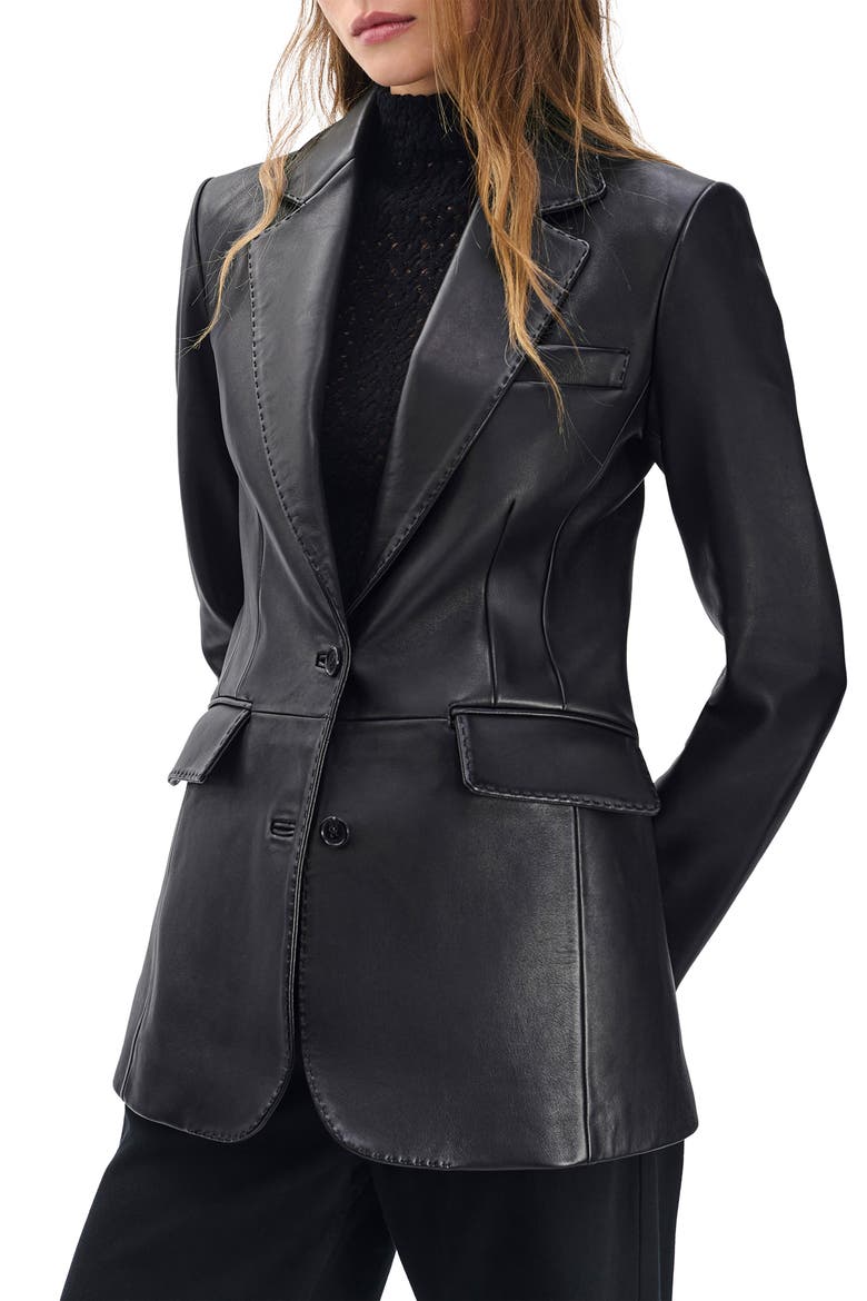 Ash Leather Blazer, Main, color, BLACK