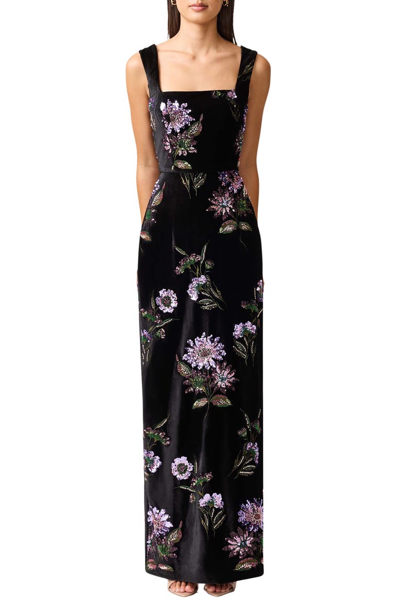 Elliatt Clio Embellished Velvet Sheath Gown, Main, color, Black Multi