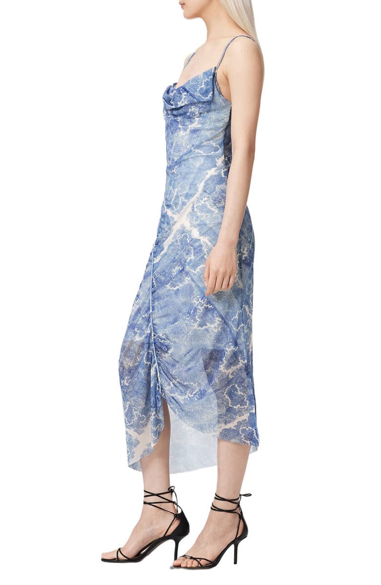 AllSaints Ulla Paisley Print Ruched Asymmetric Hem Midi Dress, Alternate, color, Joanne Blue