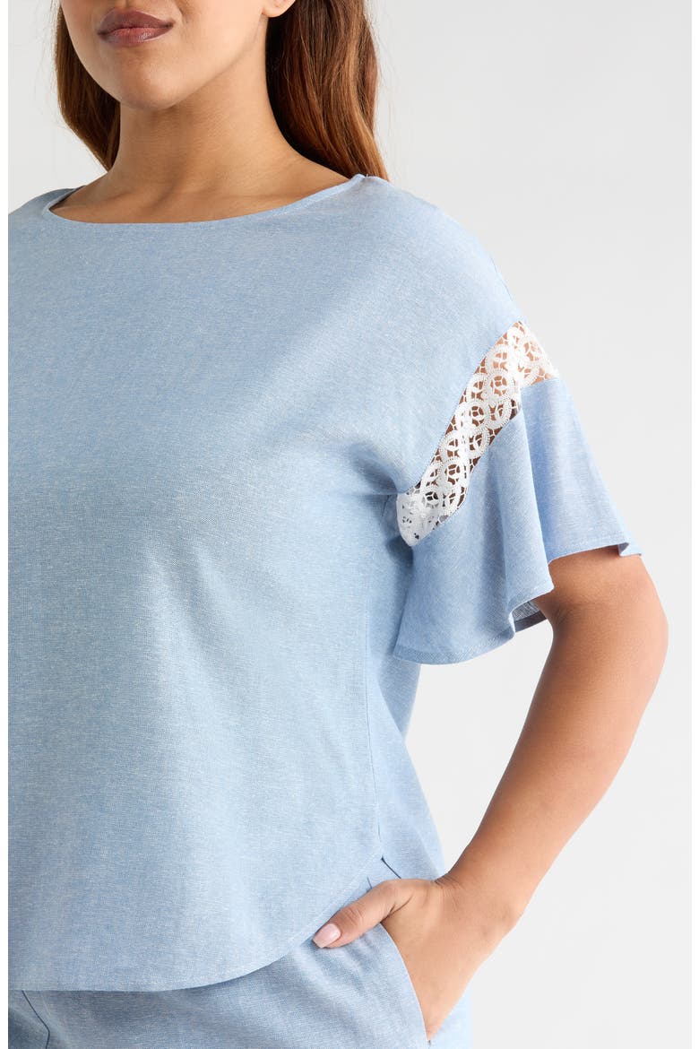 Lace Trim Flutter Sleeve Linen Blend Top, Alternate, color, LAGOON/ CRISP WHITE