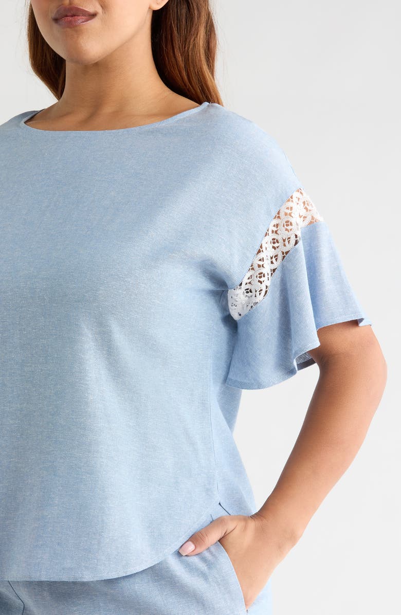 Anne Klein Lace Trim Flutter Sleeve Linen Blend Top, Alternate, color, Lagoon/ Crisp White