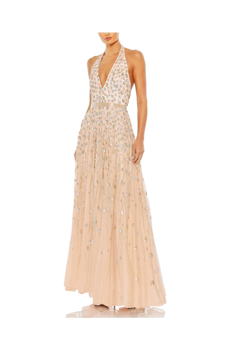 Mac Duggal Floral Embellished Halter Strap A Line Gown, Main, color, Blush