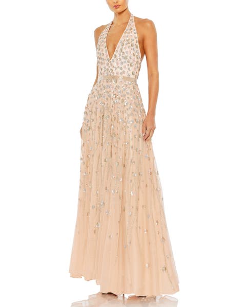 Floral Embellished Halter Strap A Line Gown