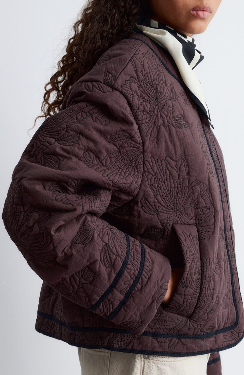 & Other Stories Floral Cotton Quilted Jacket, Alternate, color, Brown Dark