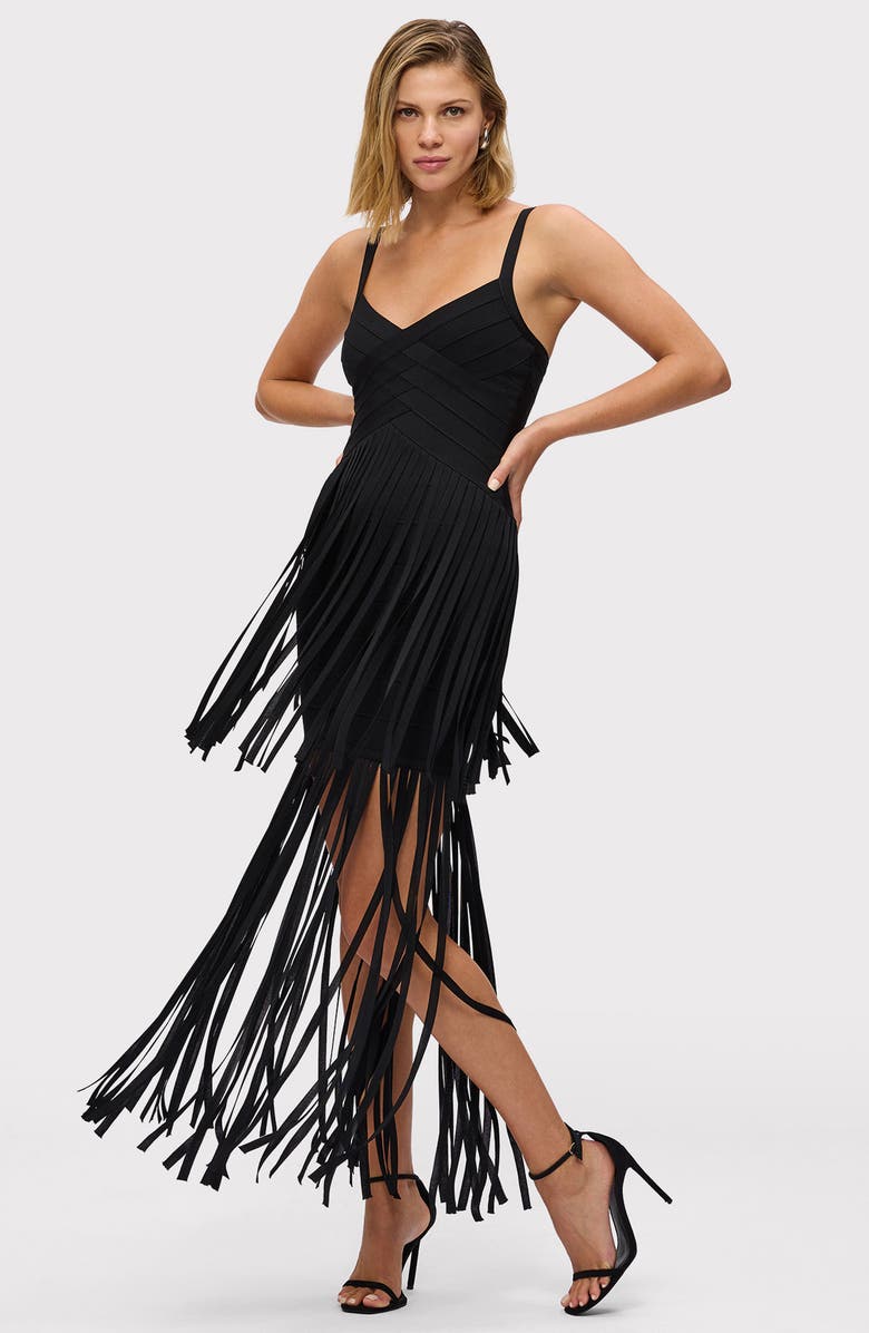 Herve Leger The Vivienne Fringe Gown, Alternate, color, Black