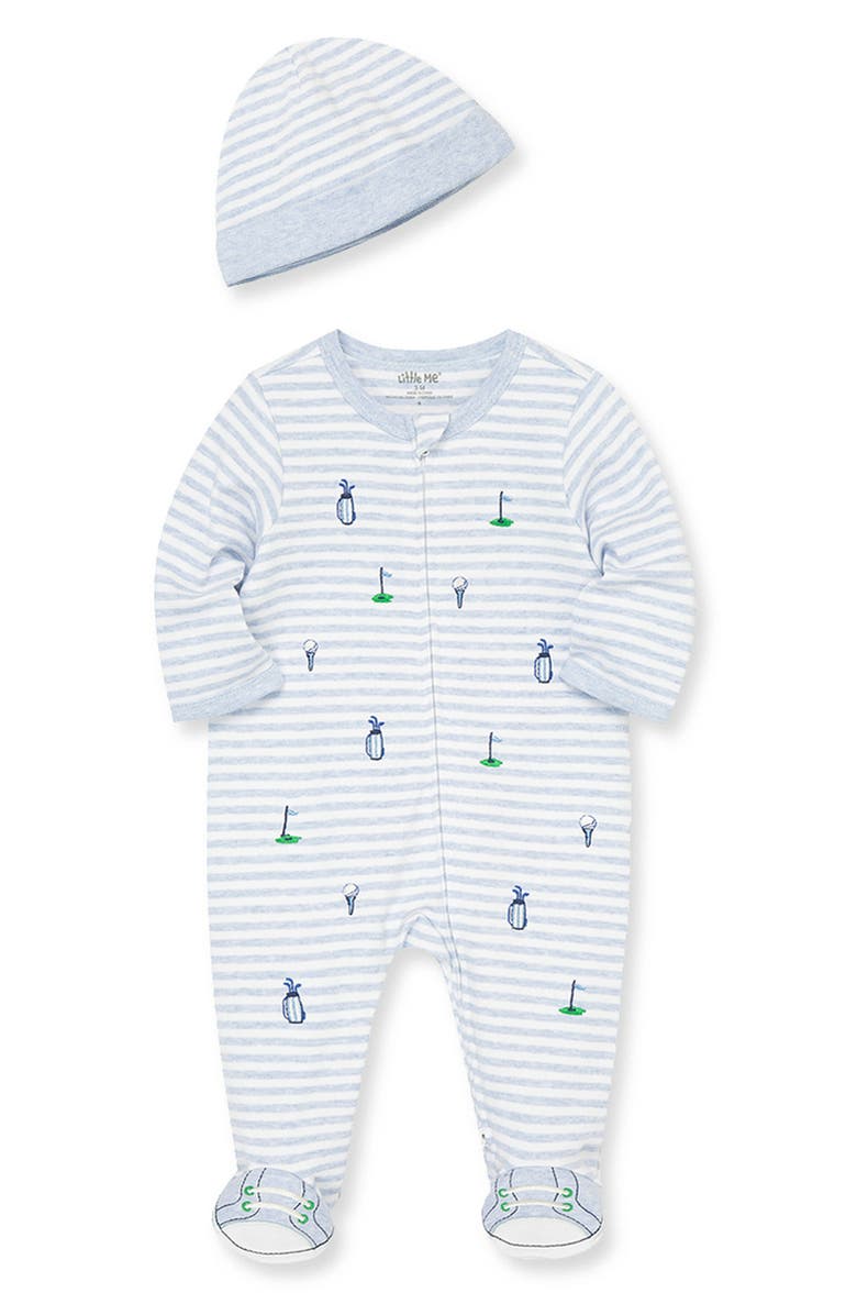 Little Me Stripe Golf Embroidered Cotton Footie & Hat Set, Alternate, color,
