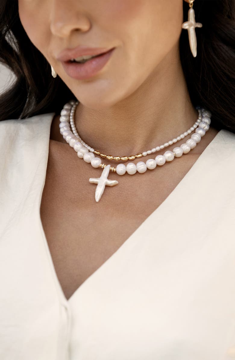 Ettika Freshwater Pearl Cross Pendant Necklace, Alternate, color, Gold