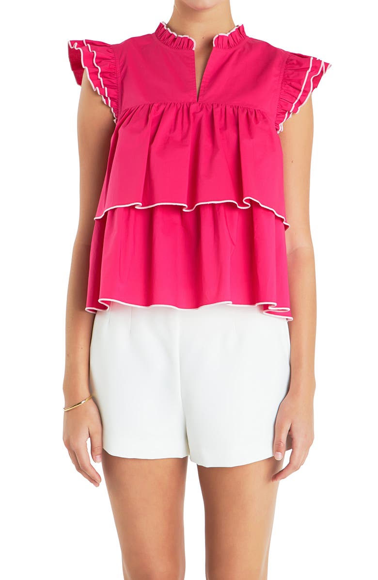 English Factory Ruffle Sleeve Tiered Cotton Top, Alternate, color, Fuchsia